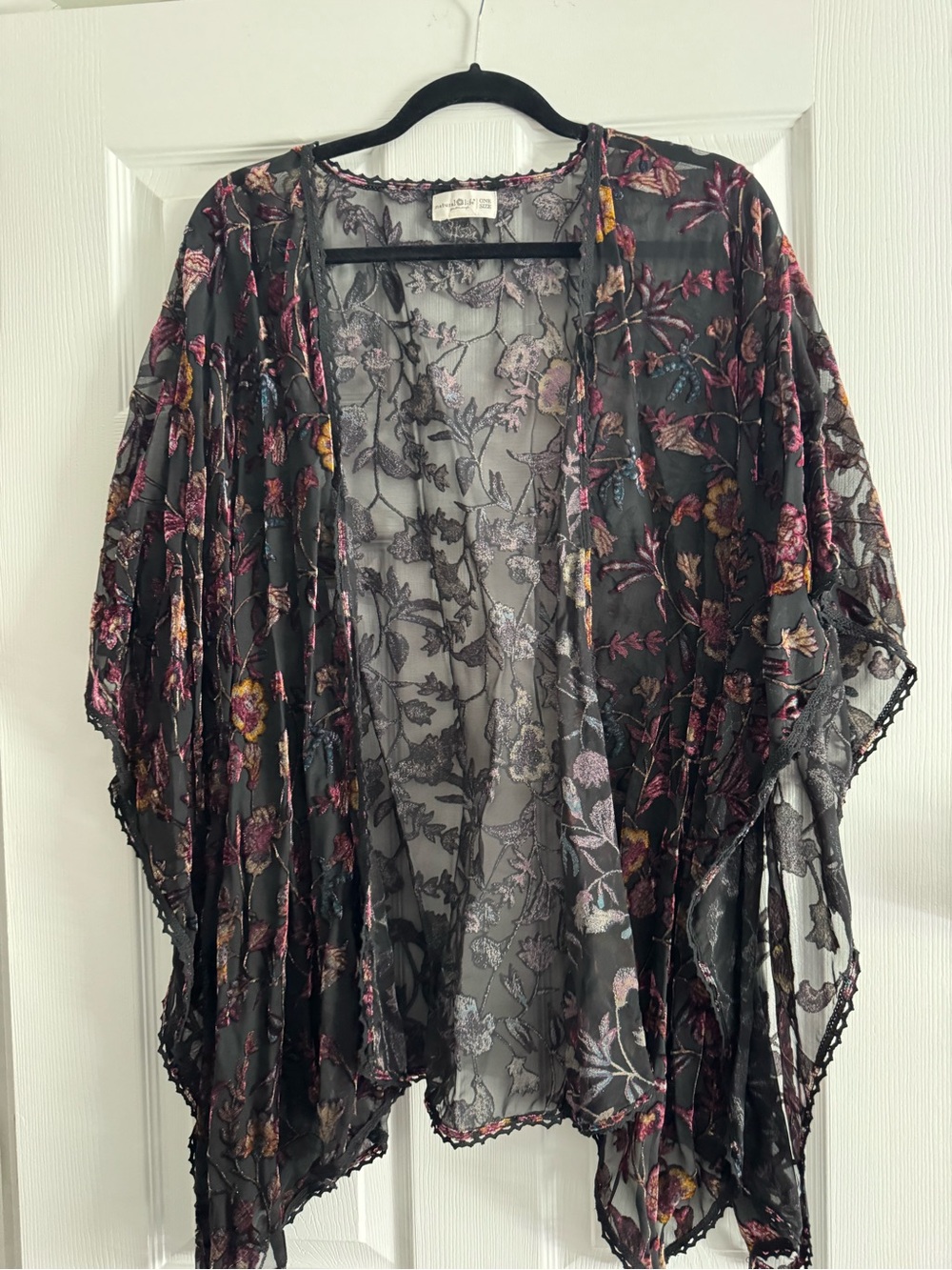 NATURAL LIFE Black Sheer Floral Kimono with Pink Accents